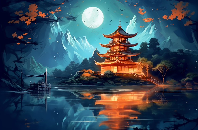 中国风山水凉亭亭台楼阁满月夜空下宁静的湖泊插画,插画/手绘图,插画/手绘图库,插画/手绘图下载,插画/手绘